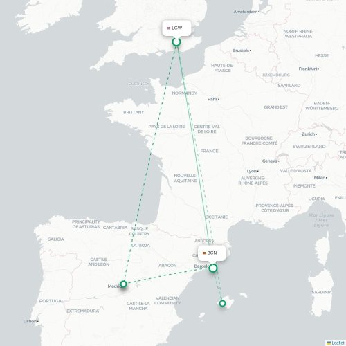 Mapa de vuelo directo Londres - Barcelona