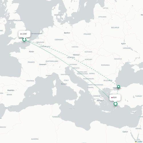 Mapa de vuelo directo Londres - Bodrum