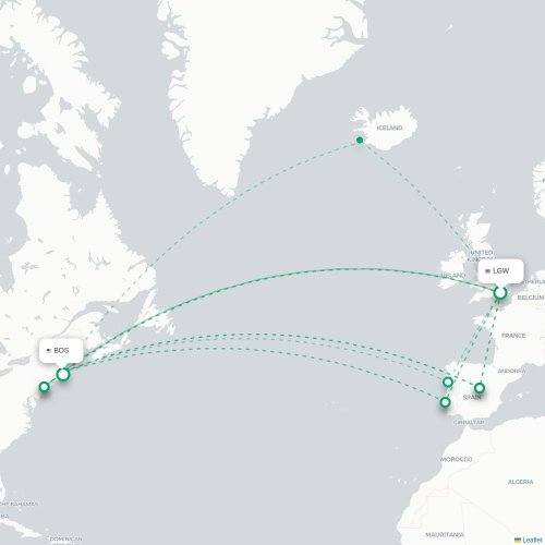 Mapa de vuelo directo Londres - Boston