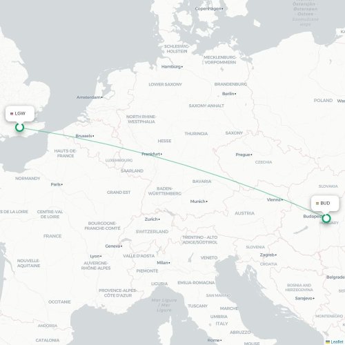 Mapa de vuelo directo Londres - Budapest