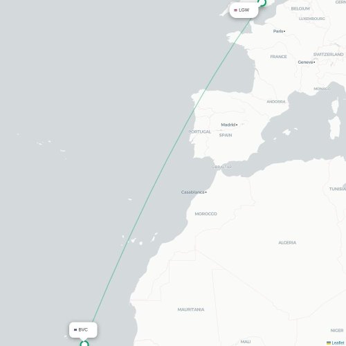 Mapa de vuelo directo Londres - Rabil