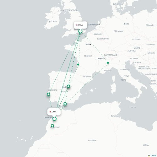 Mapa de vuelo directo Londres - Casablanca
