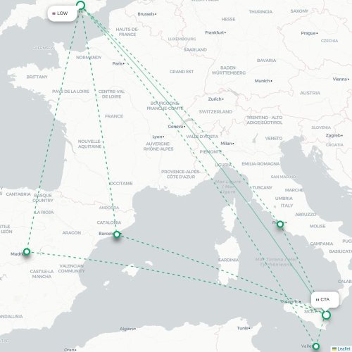 Mapa de vuelo directo Londres - Catania