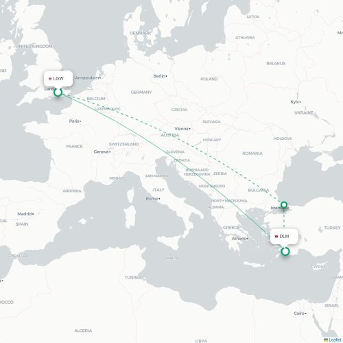Mapa de vuelo directo Londres - Dalaman