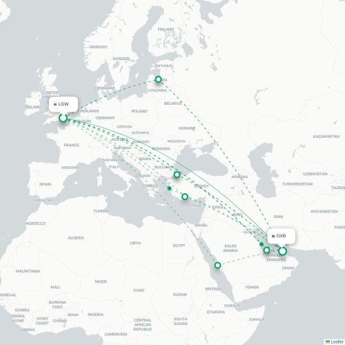 Mapa de vuelo directo Londres - Dubái