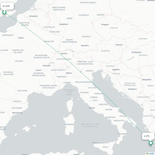 Mapa de vuelo directo Londres - Argostoli