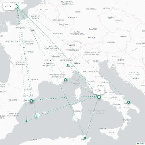 London - Rom karta över direktflyg