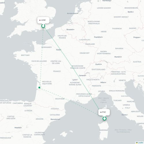 Mapa de vuelo directo Londres - Figari