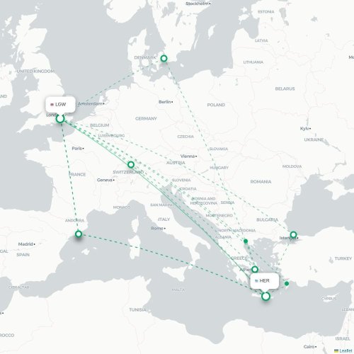 Mapa de vuelo directo Londres - Heraclión
