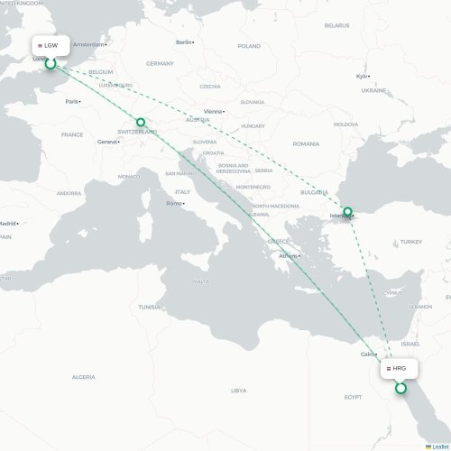 Mapa de vuelo directo Londres - Hurgada