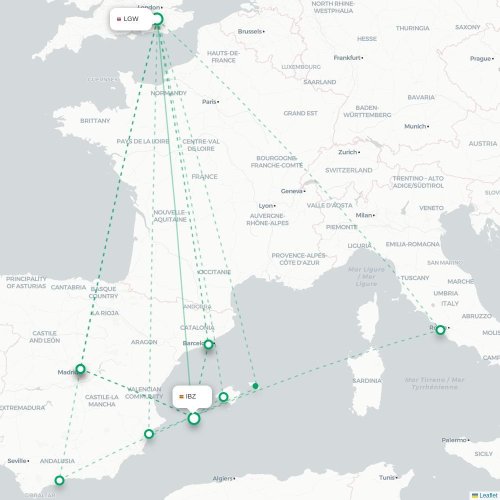 Mapa de vuelo directo Londres - Ibiza
