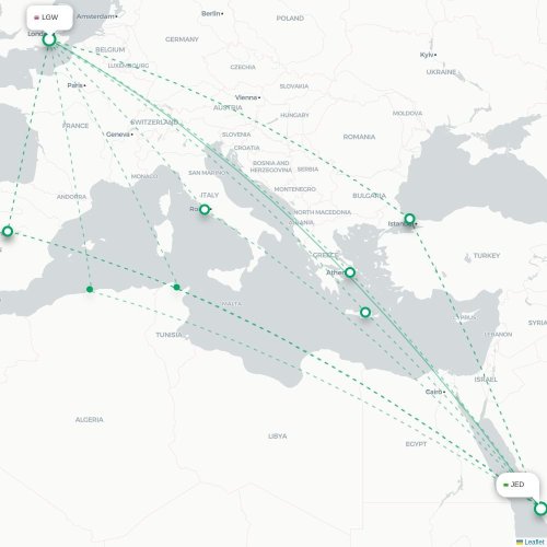Mapa de vuelo directo Londres - Jedda
