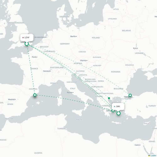 Mapa de vuelo directo Londres - Míkonos