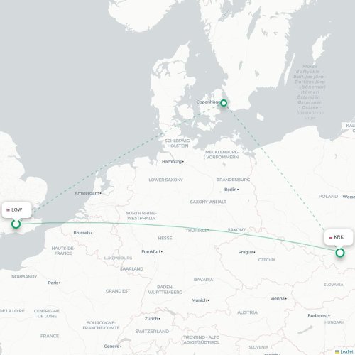 Mapa de vuelo directo Londres - Cracovia