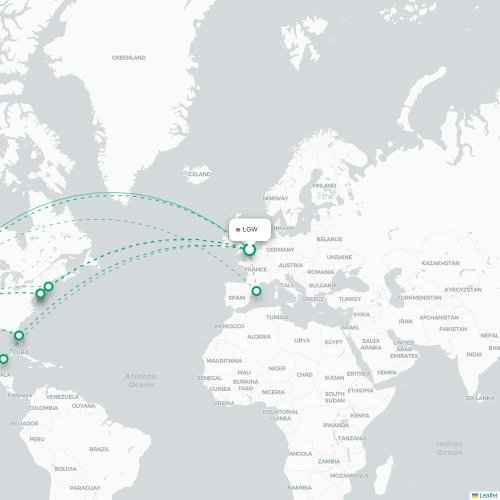 Mapa de vuelo directo Londres - Los Ángeles