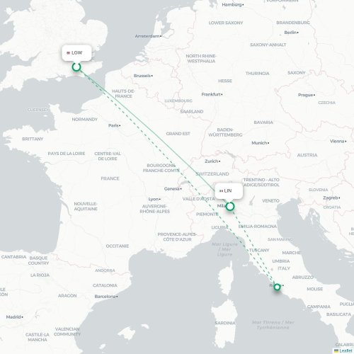 Mapa lotu bezpośredniego Londyn – Mediolan