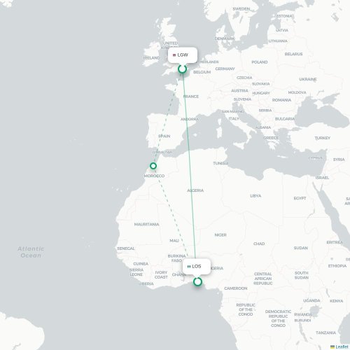 Mapa lotu bezpośredniego Londyn – Lagos
