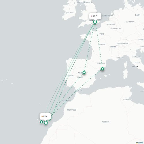 Mapa de vuelo directo Londres - Las Palmas de Gran Canaria