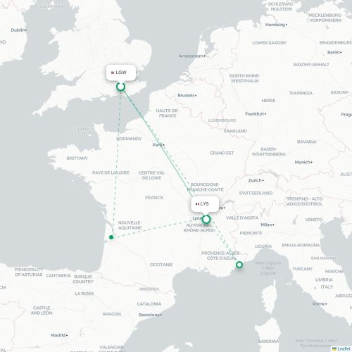 Mapa de vuelo directo Londres - Lyon