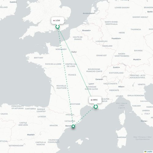 Mapa de vuelo directo Londres - Marsella