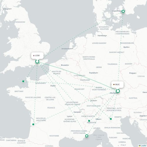 Mapa de vuelo directo Londres - Múnich