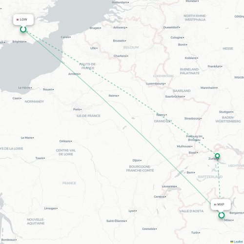 Mapa lotu bezpośredniego Londyn – Mediolan