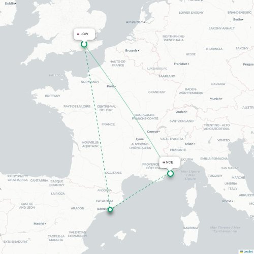 Mapa de vuelo directo Londres - Niza