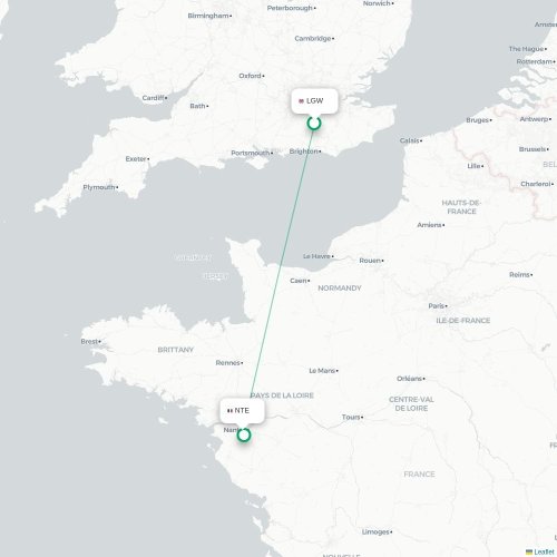 Mapa de vuelo directo Londres - Nantes