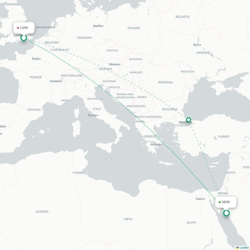 Mapa de vuelo directo Londres - Neom