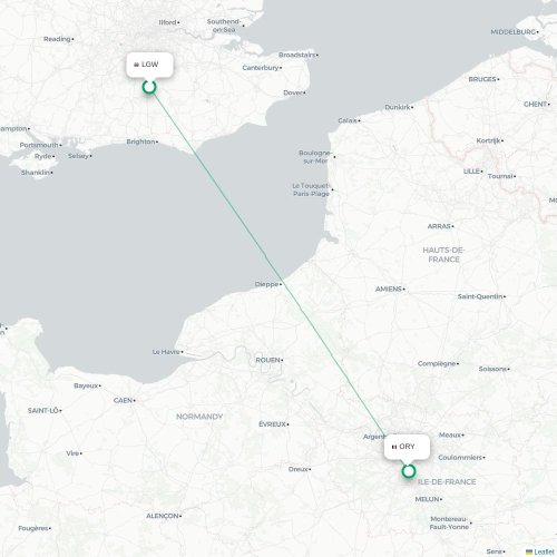 Mapa de vuelo directo Londres - París