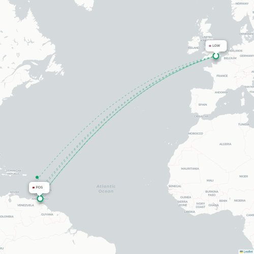 Mapa lotu bezpośredniego Londyn – Port-of-Spain