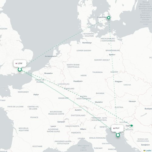 Mapa lotu bezpośredniego Londyn – Pula