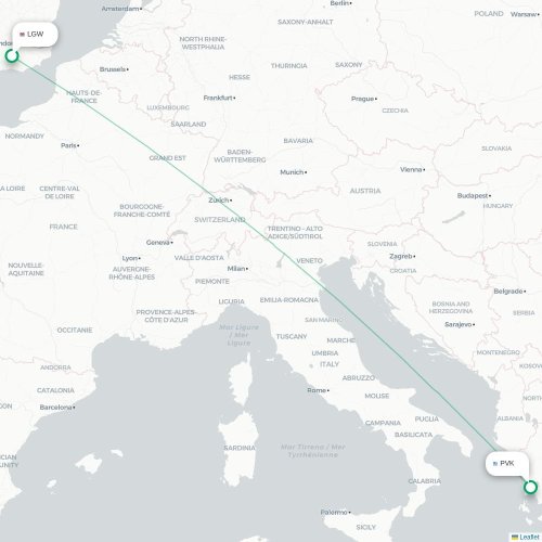 Mapa de vuelo directo Londres - Preveza