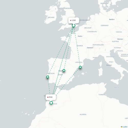 Mapa lotu bezpośredniego Londyn – Marrakesz