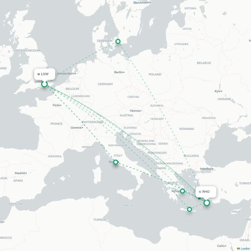 Mapa de vuelo directo Londres - Rodas