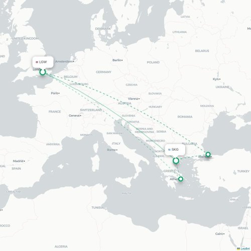 Mapa de vuelo directo Londres - Salónica