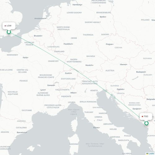 Mapa de vuelo directo Londres - Podgorica