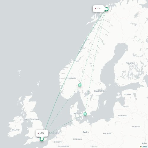 Mapa de vuelo directo Londres - Tromso