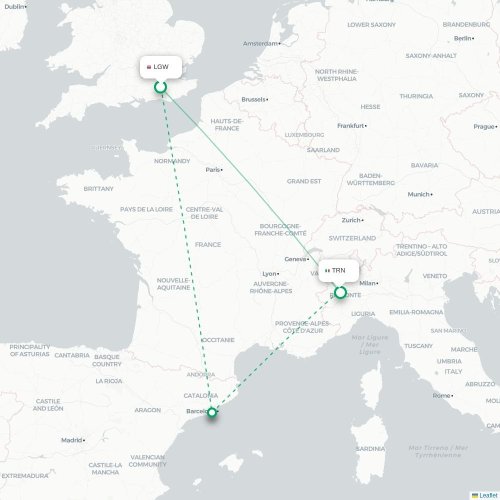 Mapa lotu bezpośredniego Londyn – Turyn, Torino