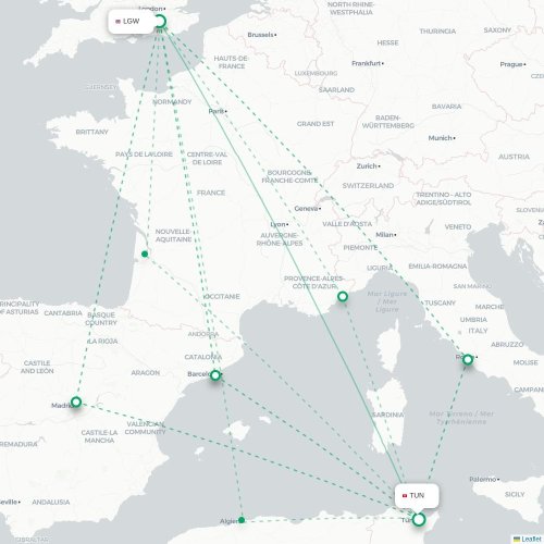 Mapa lotu bezpośredniego Londyn – Tunis