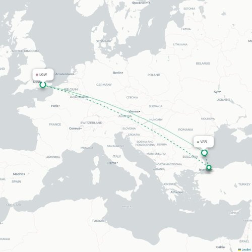 Mapa lotu bezpośredniego Londyn – Warna