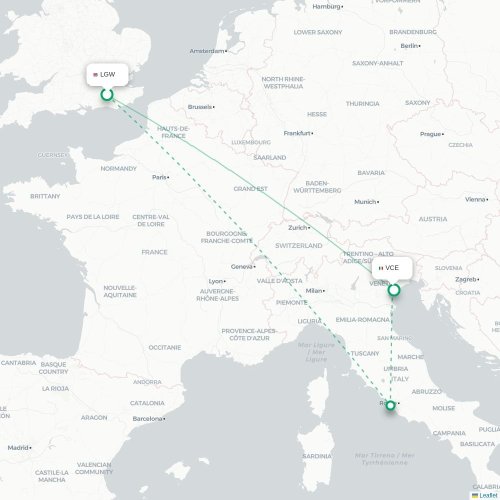 Mapa lotu bezpośredniego Londyn – Wenecja