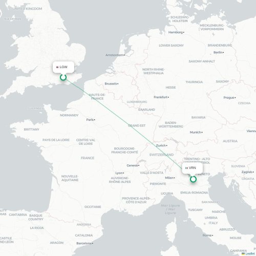 Mapa de vuelo directo Londres - Verona