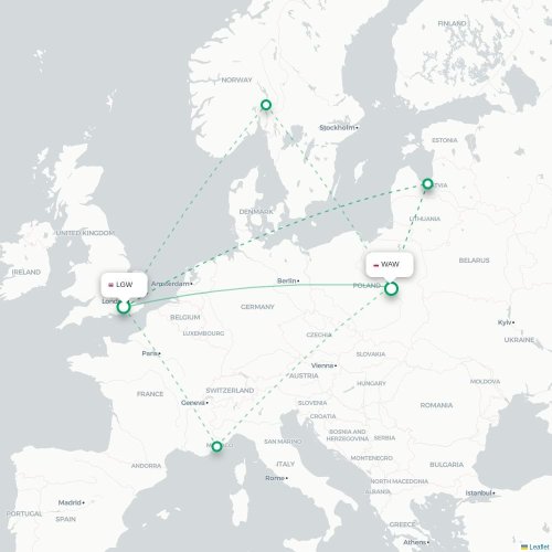 Mapa de vuelo directo Londres - Varsovia