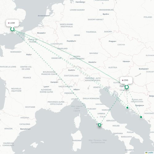 Mapa lotu bezpośredniego Londyn – Zagrzeb