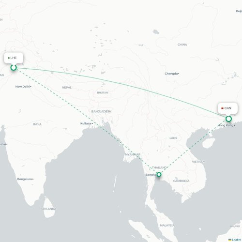 Mapa de vuelo directo Lahore - Cantón