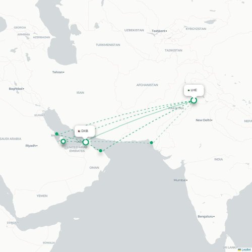 Mapa de vuelo directo Lahore - Dubái
