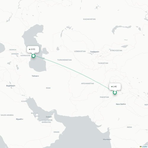 Mapa de vuelo directo Lahore - Bakú