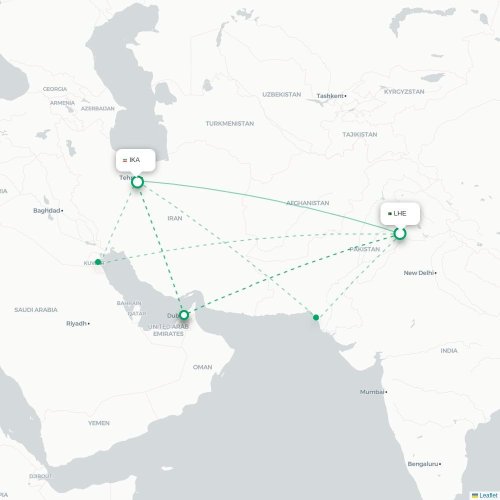 Mapa de vuelo directo Lahore - Teherán
