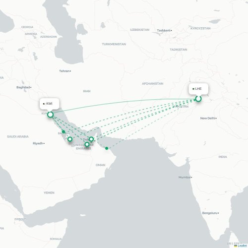 Mapa de vuelo directo Lahore - Ciudad de Kuwait